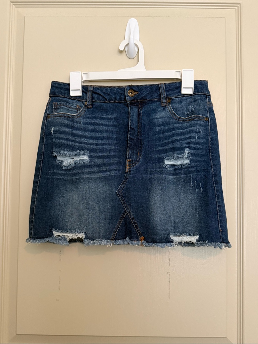 Wax Jean Distressed Dark Blue Denim Mini Skirt